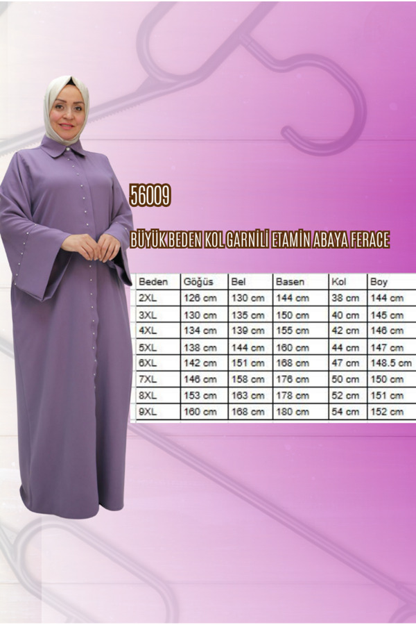 56012 Büyük Beden Kol Garnili Etamin Abaya Ferace - Siyah - 2