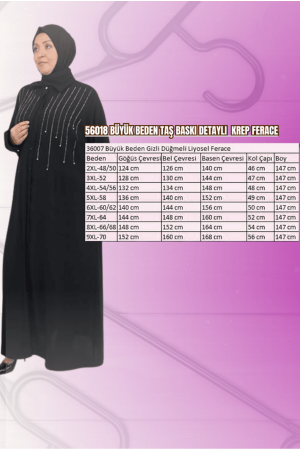 56018 Büyük Beden Taş Baskı Detaylı Krep Ferace - Siyah - 2