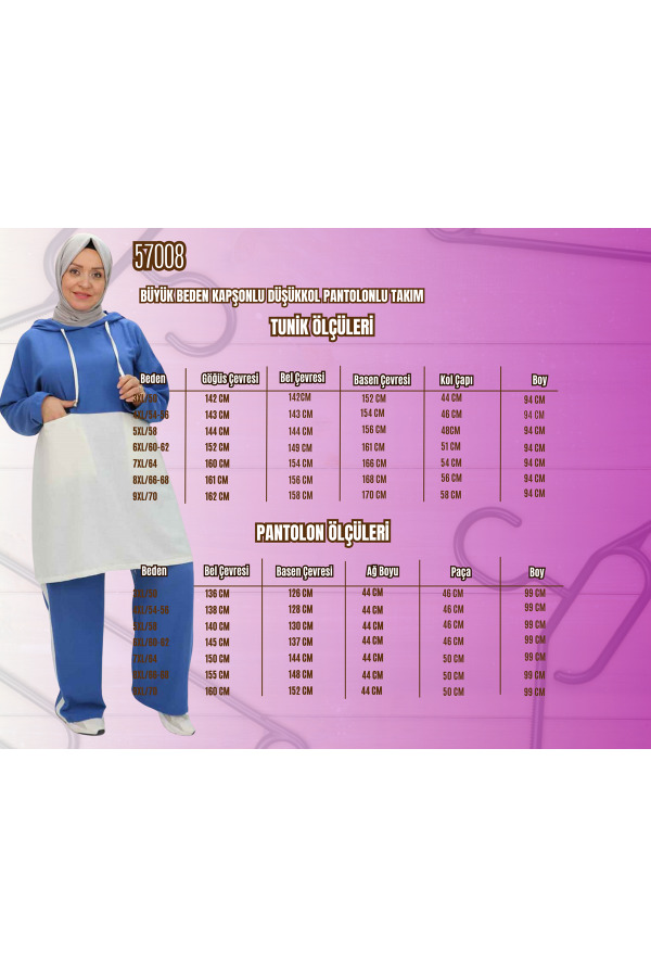 57008 Büyük Beden Kapşonlu Düşükkol Pantolonlu Takım - Nefti - 2