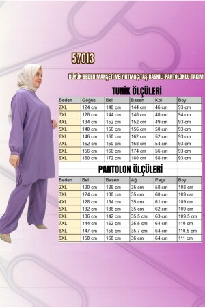 57013 Büyük Beden Kol Manşeti Ve Yırtmacı Taşlı Keten Pantolonlu Takım - Lila - 2