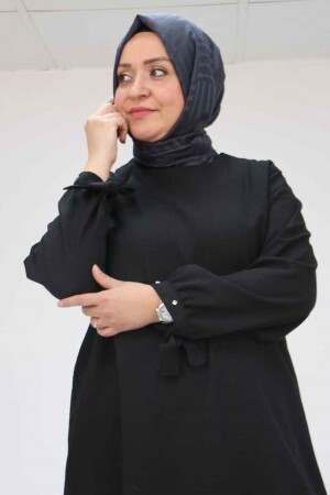 57013 Büyük Beden Kol Manşeti Ve Yırtmacı Taşlı Keten Pantolonlu Takım - Siyah - 1