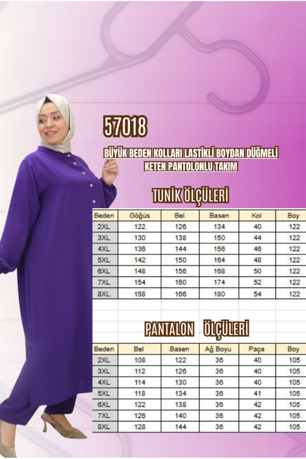 57018 Büyük Beden Kolları Lastikli Boydan Düğmeli Airobin Pantolonlu Takım - Siyah - 2