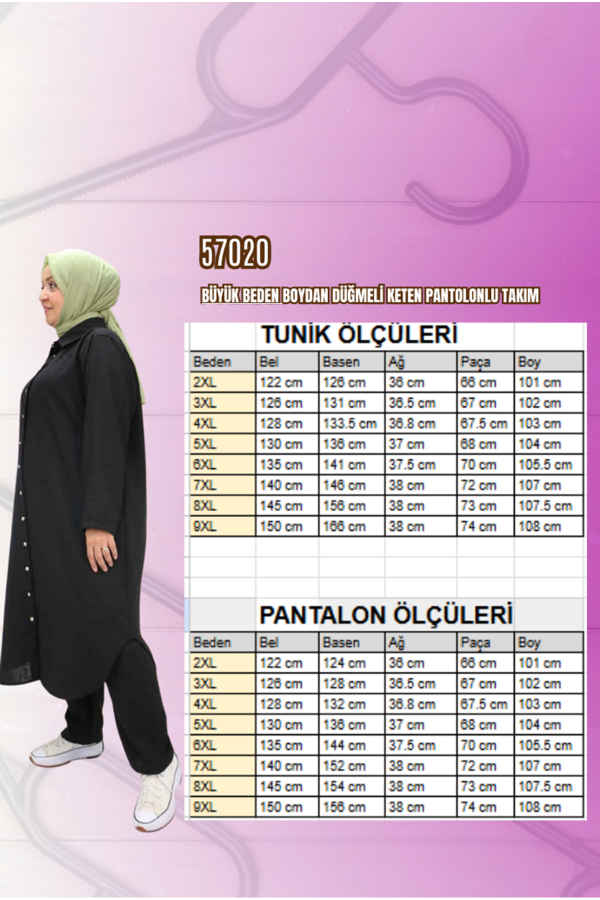 57020 Büyük Beden Boydan Düğmeli Keten Pantolonlu Takım - Siyah - 2