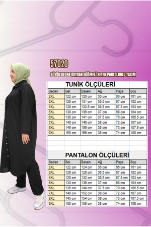 57020 Büyük Beden Boydan Düğmeli Keten Pantolonlu Takım - Vizon - 2