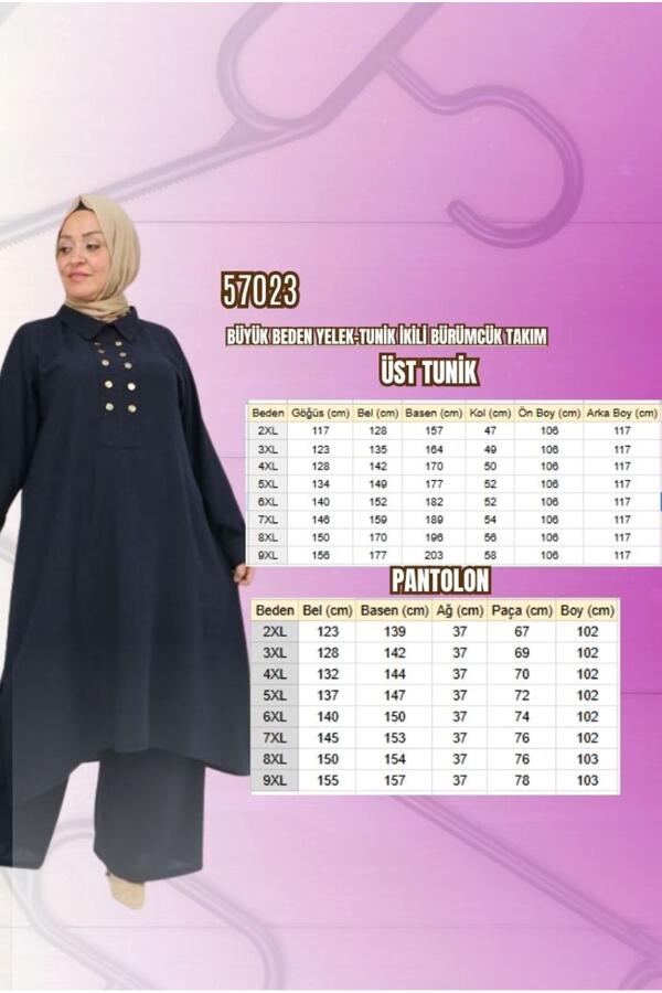 57023 Büyük Beden Pat Üzerinde Çakma Çıtçıtlı Pantolonlu Takım - Mürdüm - 2