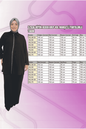57036 Büyük Beden Krep Kol Manşetli Pantolonlu Takım - Lacivert - 2