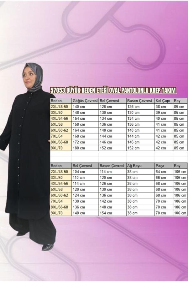 57053 Büyük Beden Eteği Oval Pantolonlu Krep Takım - Kahve - 2