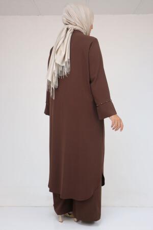 57053 Büyük Beden Eteği Oval Pantolonlu Krep Takım - Kahve - 3