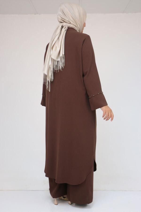57053 Büyük Beden Eteği Oval Pantolonlu Krep Takım - Kahve - 3