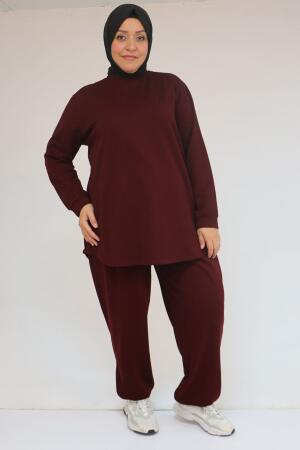 57058 Büyük Beden Pantolonlu Modal İkili Takım - Bordo - 1