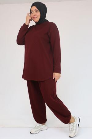 57058 Büyük Beden Pantolonlu Modal İkili Takım - Bordo - 2