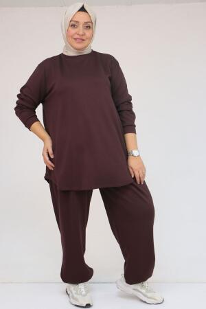 57058 Büyük Beden Pantolonlu Modal İkili Takım - Kahve - 1