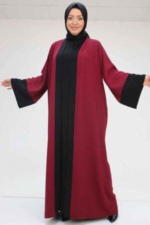 57204 Büyük Beden Patı Garnili Etamin Elbiseli Abaya - Bordo-Siyah - 1