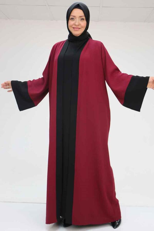 57204 Büyük Beden Patı Garnili Etamin Elbiseli Abaya - Bordo-Siyah - 1