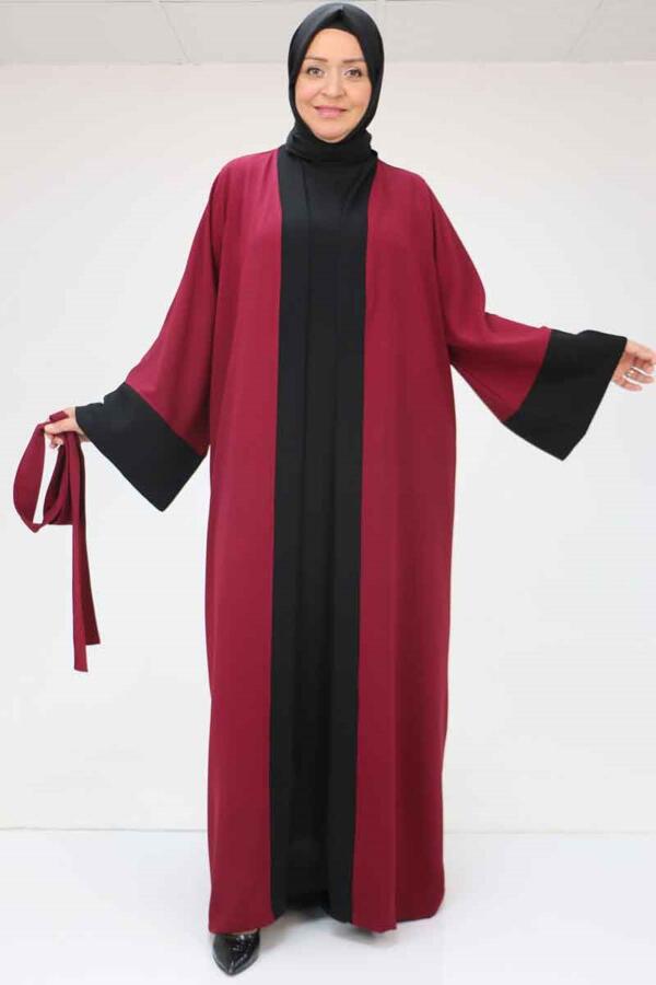 57204 Büyük Beden Patı Garnili Etamin Elbiseli Abaya - Bordo-Siyah - 2