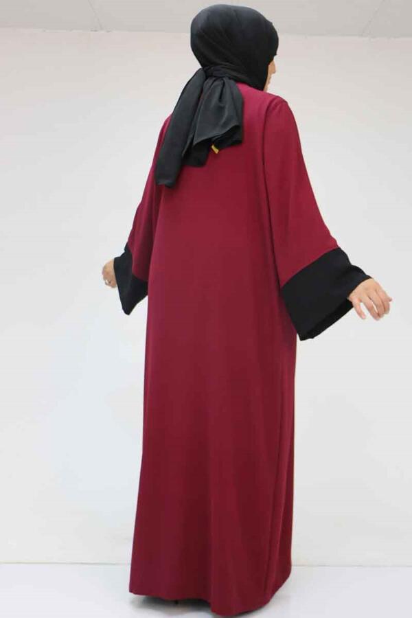 57204 Büyük Beden Patı Garnili Etamin Elbiseli Abaya - Bordo-Siyah - 3
