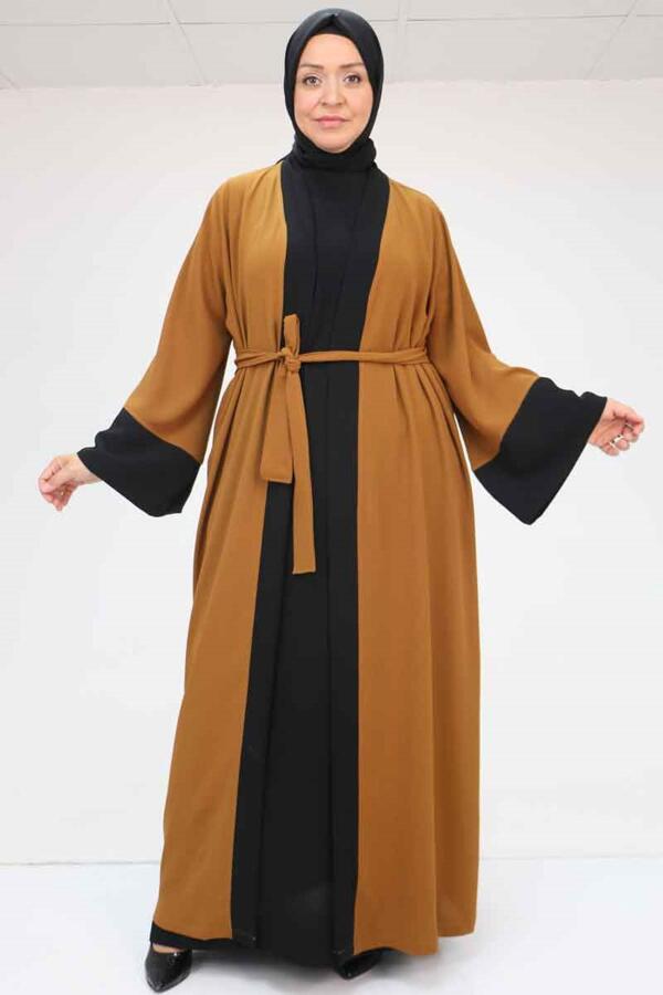 57204 Büyük Beden Patı Garnili Etamin Elbiseli Abaya - Taba-Siyah - 1