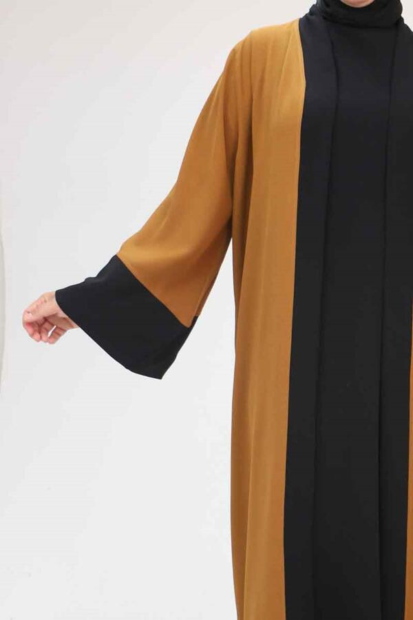 57204 Büyük Beden Patı Garnili Etamin Elbiseli Abaya - Taba-Siyah - 2