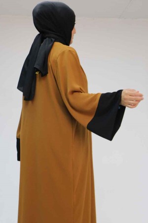 57204 Büyük Beden Patı Garnili Etamin Elbiseli Abaya - Taba-Siyah - 3