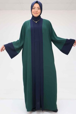 57204 Büyük Beden Patı Garnili Etamin Elbiseli Abaya - Zümrüt-Lacivert - 1
