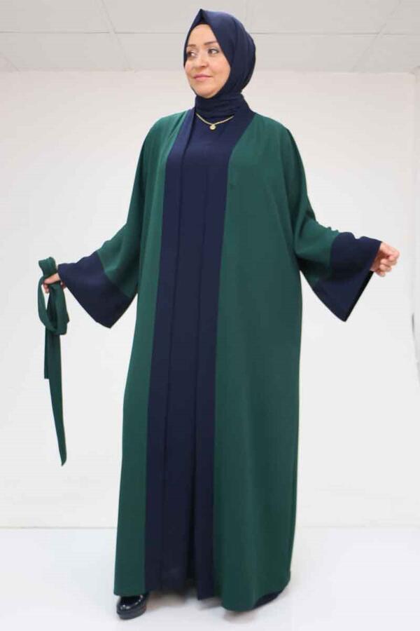 57204 Büyük Beden Patı Garnili Etamin Elbiseli Abaya - Zümrüt-Lacivert - 2