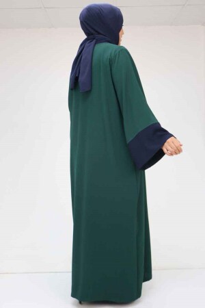 57204 Büyük Beden Patı Garnili Etamin Elbiseli Abaya - Zümrüt-Lacivert - 3