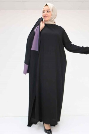 57206 Büyük Beden Garni Detaylı Etamin Elbiseli Abaya - Siyah-Lila - 2