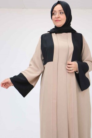 57206 Büyük Beden Garni Detaylı Etamin Elbiseli Abaya - Siyah-Vizon - 2