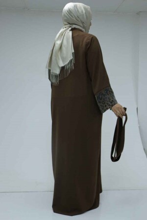 57207 Büyük Beden Garni Detaylı Etamin Elbiseli Abaya - Kahve - 3