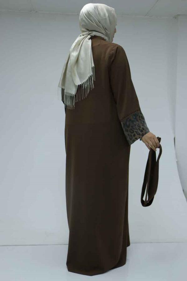 57207 Büyük Beden Garni Detaylı Etamin Elbiseli Abaya - Kahve - 3