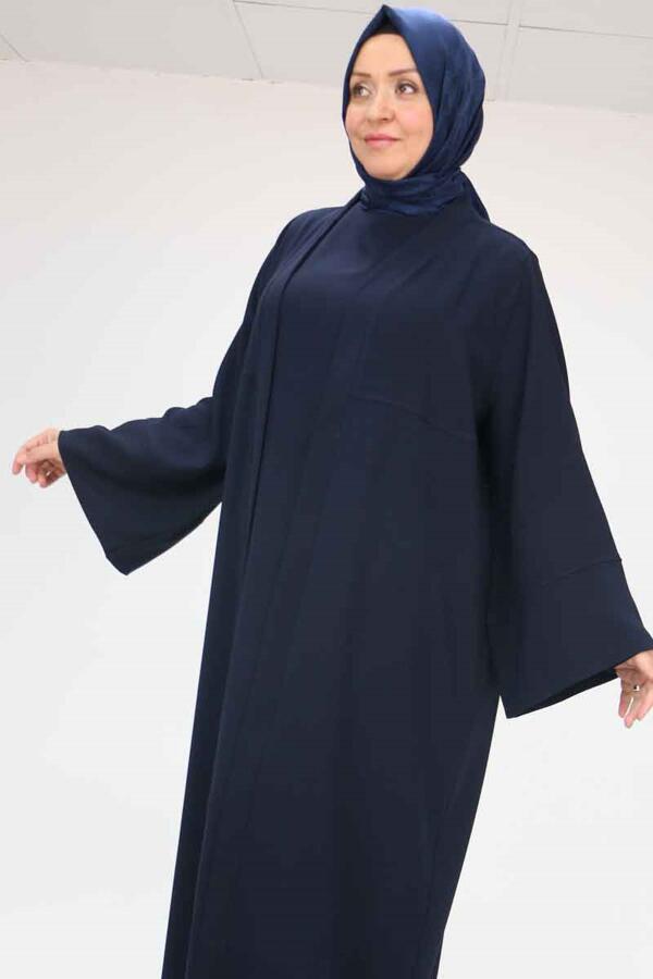 57210 Büyük Beden Renge Renk Garni Detaylı Abaya Takım - Lacivert - 2