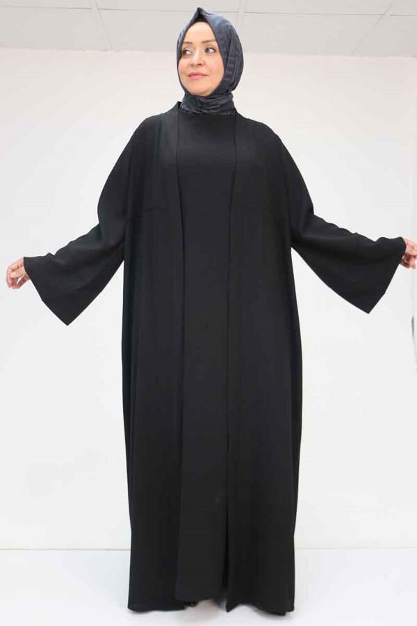 57210 Büyük Beden Renge Renk Garni Detaylı Abaya Takım - Siyah - 1