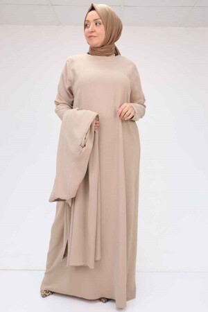 57210 Büyük Beden Renge Renk Garni Detaylı Abaya Takım - Vizon - 1