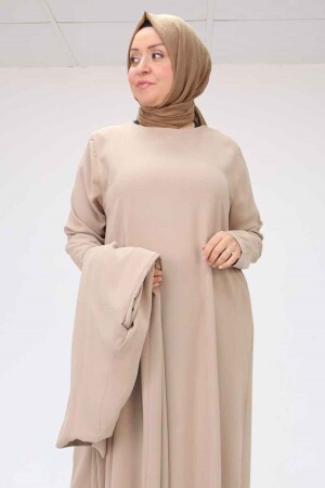 57210 Büyük Beden Renge Renk Garni Detaylı Abaya Takım - Vizon - 2