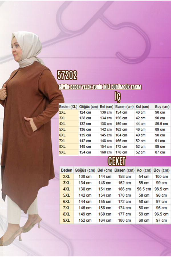 57212 Büyük Beden Yelek-Tunik Taş Detaylı Bürümcük Takım - Kahve - 2