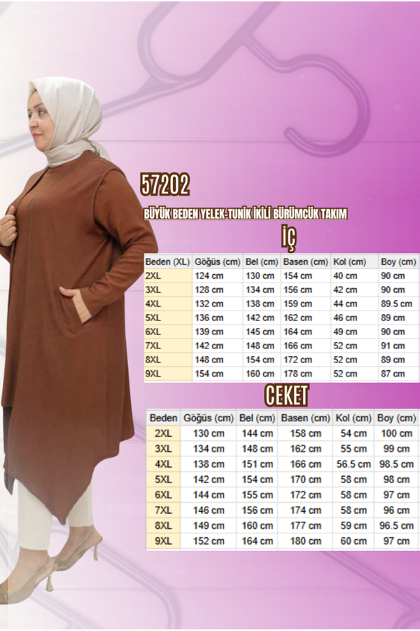 57212 Büyük Beden Yelek-Tunik Taş Detaylı Bürümcük Takım - Kahve - 2