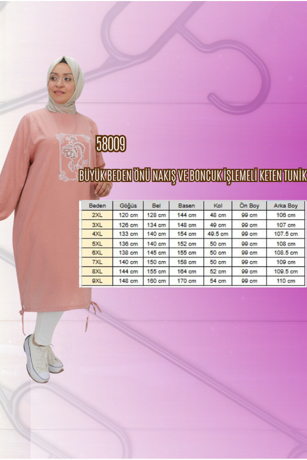 58009 Büyük Beden Önü Nakış Ve Boncuk İşlemeli Keten Tunik - Ekru - 1