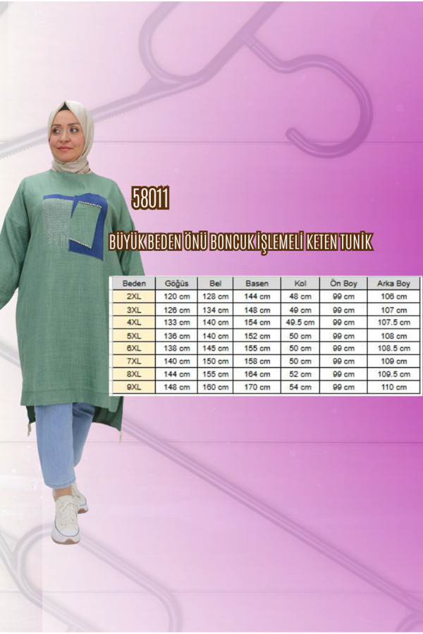 58011 Büyük Beden Etek Ucu Bağlamalı Önü Taş Detaylı Keten Tunik - Ekru - 1