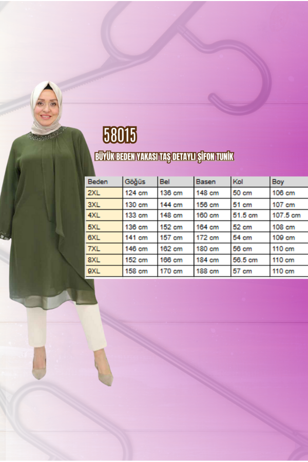 58015 Büyük Beden Yakası Taş Detaylı Şifon Tunik - Haki - 2
