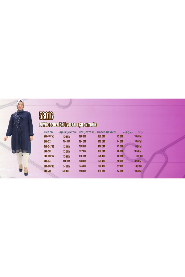 58016 Büyük Beden Önü Volanlı Şifon Tunik - Mor - 2