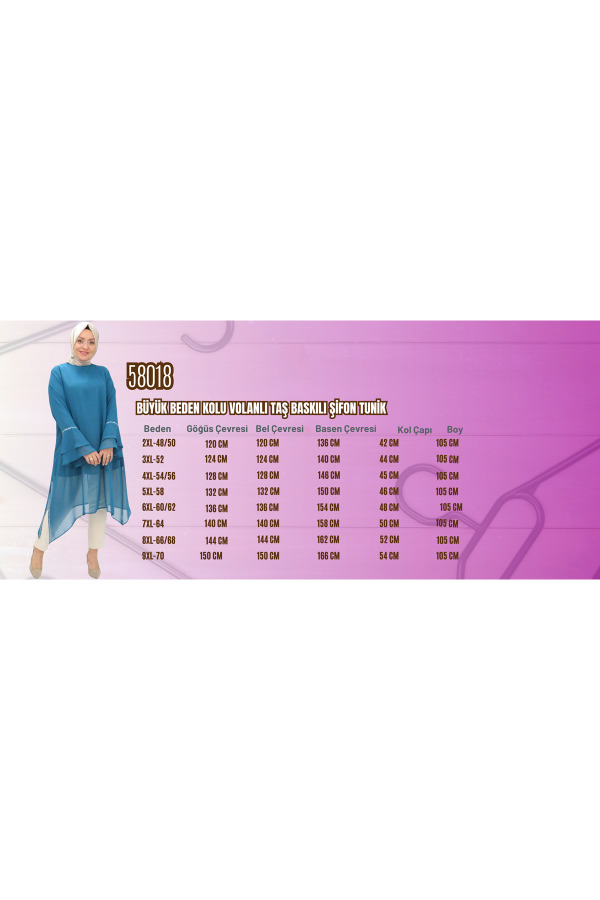 58018 Büyük Beden Kolu Volanlı Taş Baskılı Şifon Tunik - Saks - 2