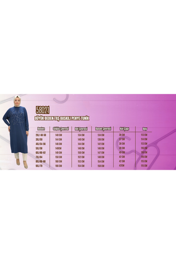 58021 Büyük Beden Taş Baskılı Penye Tunik - Mürdüm - 2