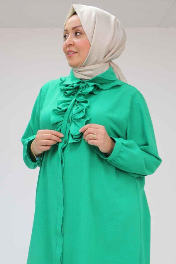 58029 Büyük Beden Önü Fırfırlı Düğmeli Keten Gömlek - Benetton - 2