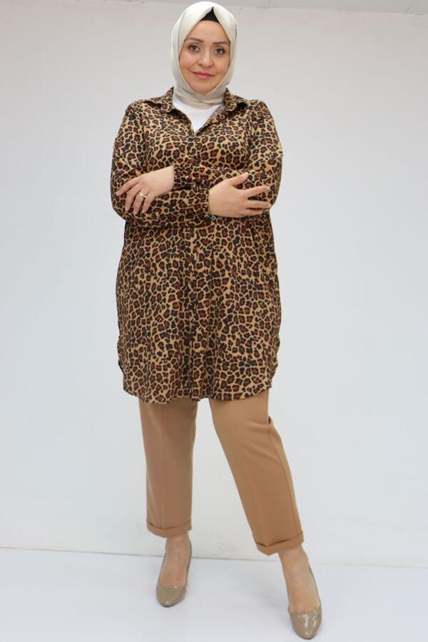 58031 Büyük Beden Erkek Yakalı Desenli Bürümcük Gömlek Tunik - Siyah-Leopar - 1