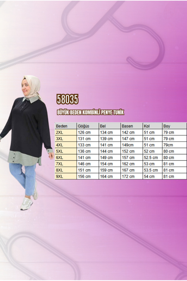 58035 Büyük Beden Kombinli Penye Tunik - Haki - 2