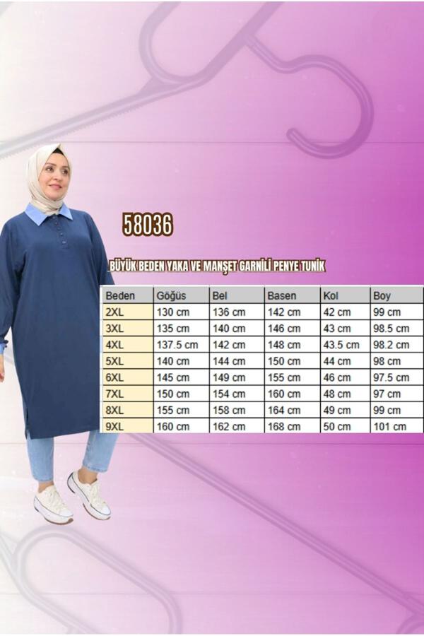 58036 Büyük Beden Yaka Ve Kol Kombinli Penye Tunik - İndigo - 1