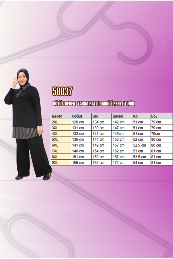 58037 Büyük Beden Yarım Patlı Garnili Penye Tunik - Siyah-Kiremit - 2