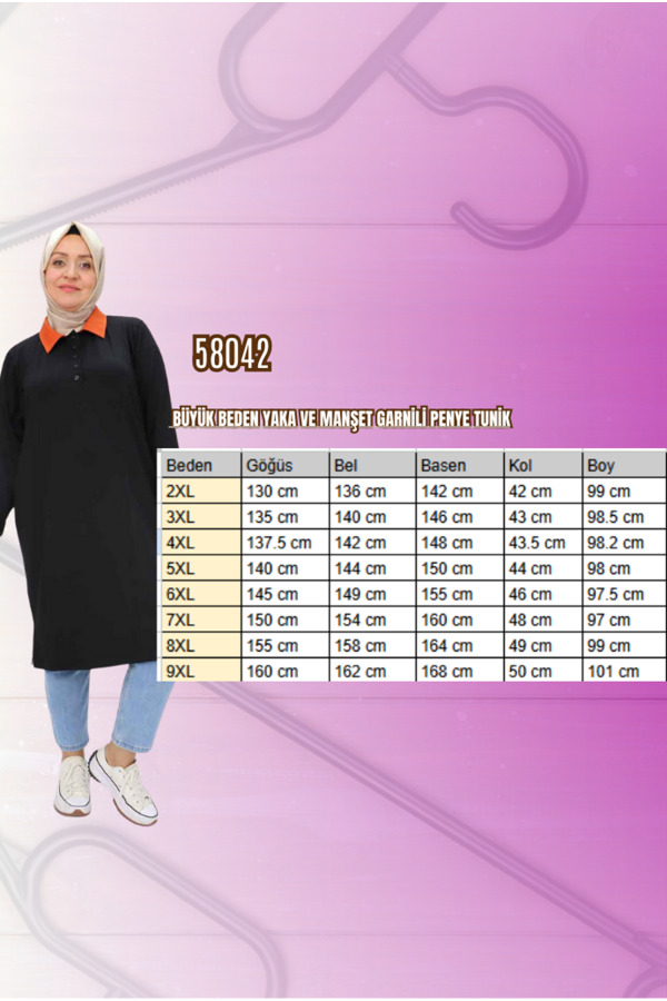 58042 Büyük Beden Yaka Ve Manşet Garnili Penye Tunik - Nefti - 2