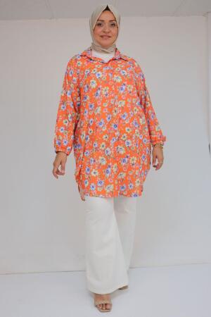 58052 Büyük Beden Erkek Yakalı Jesica Gömlek Tunik - Çiçek Desen Kiremit - 
