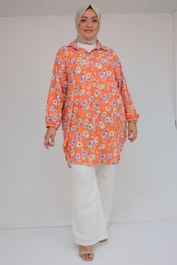 58052 Büyük Beden Erkek Yakalı Jesica Gömlek Tunik - Çiçek Desen Kiremit - 1
